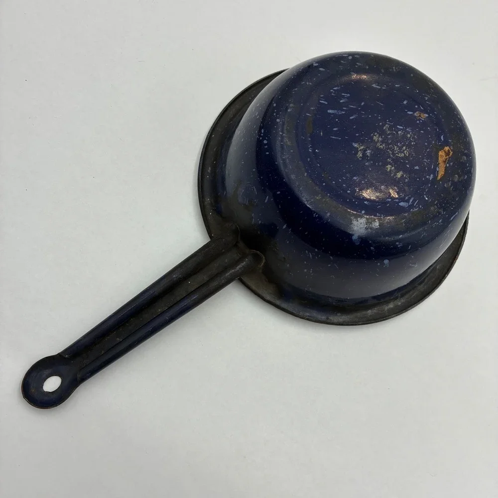 Vintage Blue Graniteware Speckled Enamel Small Saucepan Farmhouse Decor